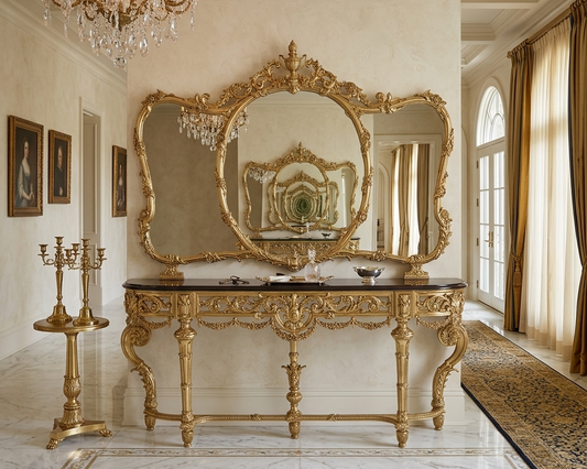 French Rococo majestic console table and triptych mirror set. Custom made furniture Singapore dainteliving