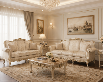 An elegant living room featuring a matching cream and gold baroque-style sofa set, including a three-seater sofa, a two-seater loveseat, and a carved wooden coffee table on a large patterned area rug.