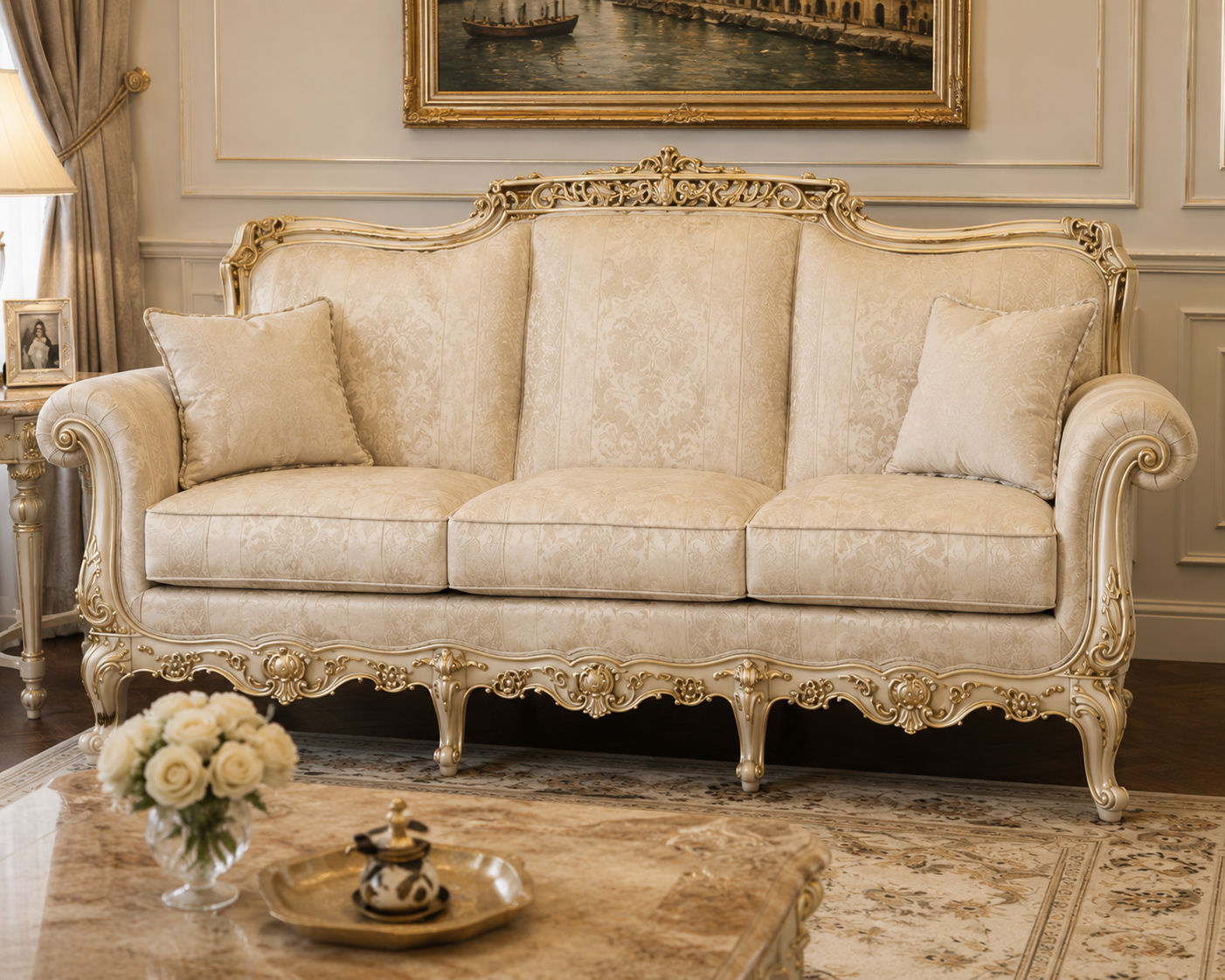 An ornate three-seater sofa with cream damask upholstery and carved gold-finished wood framing, styled in a classic European living room setting.