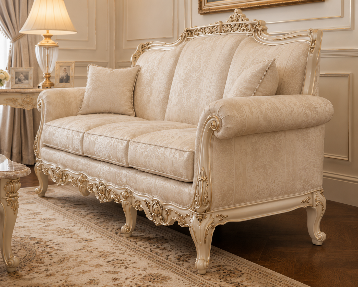 An ornate cream-colored loveseat sofa with carved wooden frames, shown in a classic, elegant living room setting with a patterned rug, a table lamp, and paneled walls.