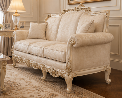An ornate cream-colored loveseat sofa with carved wooden frames, shown in a classic, elegant living room setting with a patterned rug, a table lamp, and paneled walls.