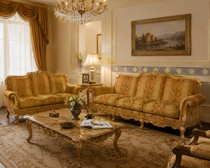 An elegant living room featuring two ornate gold and beige patterned sofas, a matching carved coffee table, a large patterned rug, and a chandelier.