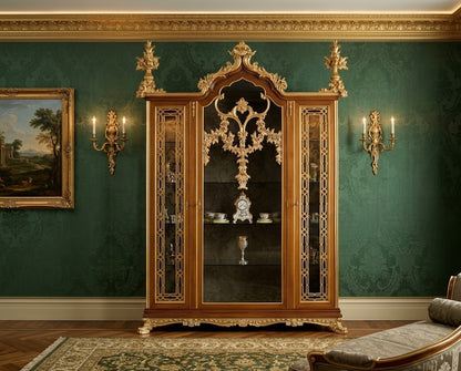 custom made French Regency grand display cabinet hutch, made of teak wood and Honduran mahogany wood. Finished in walnut brown and bright gold.  made by Dainté Living Singapore.