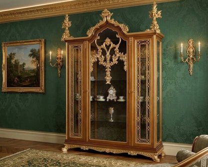 custom made French Regency grand display cabinet hutch, made of teak wood and Honduran mahogany wood. Finished in walnut brown and bright gold.  made by Dainté Living Singapore.