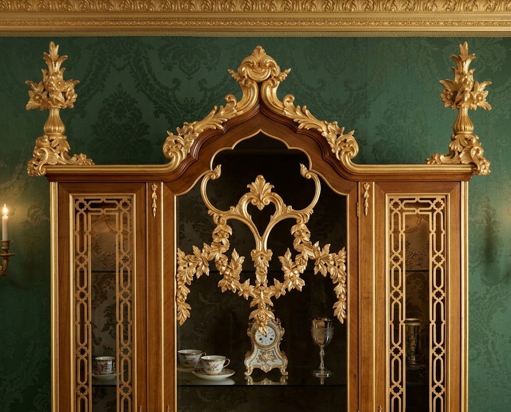 custom made French Regency grand display cabinet hutch, made of teak wood and Honduran mahogany wood. Finished in walnut brown and bright gold.  made by Dainté Living Singapore.