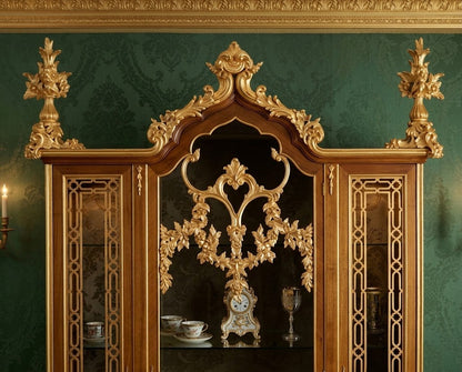 custom made French Regency grand display cabinet hutch, made of teak wood and Honduran mahogany wood. Finished in walnut brown and bright gold.  made by Dainté Living Singapore.