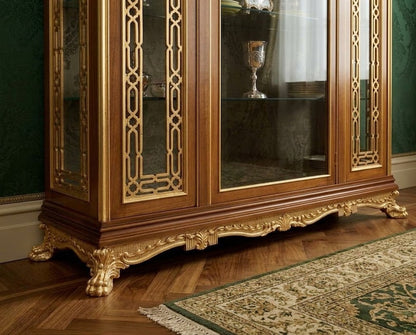 custom made French Regency grand display cabinet hutch, made of teak wood and Honduran mahogany wood. Finished in walnut brown and bright gold.  made by Dainté Living Singapore.