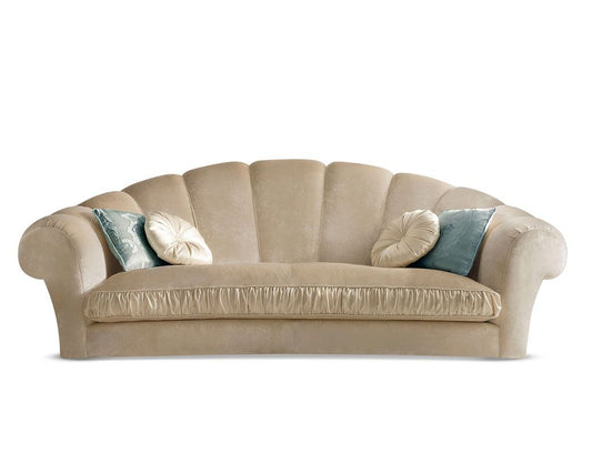Beige sofa with decorative pillows on a white background