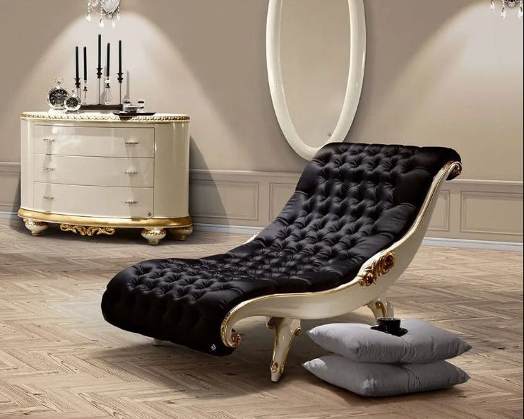 Modern Victorian French Fainting Chaise Lounge in Black Velvet and Mahogany Wood
