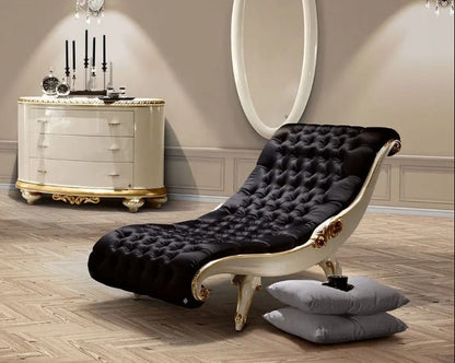 Modern Victorian French Fainting Chaise Lounge in Black Velvet and Mahogany Wood