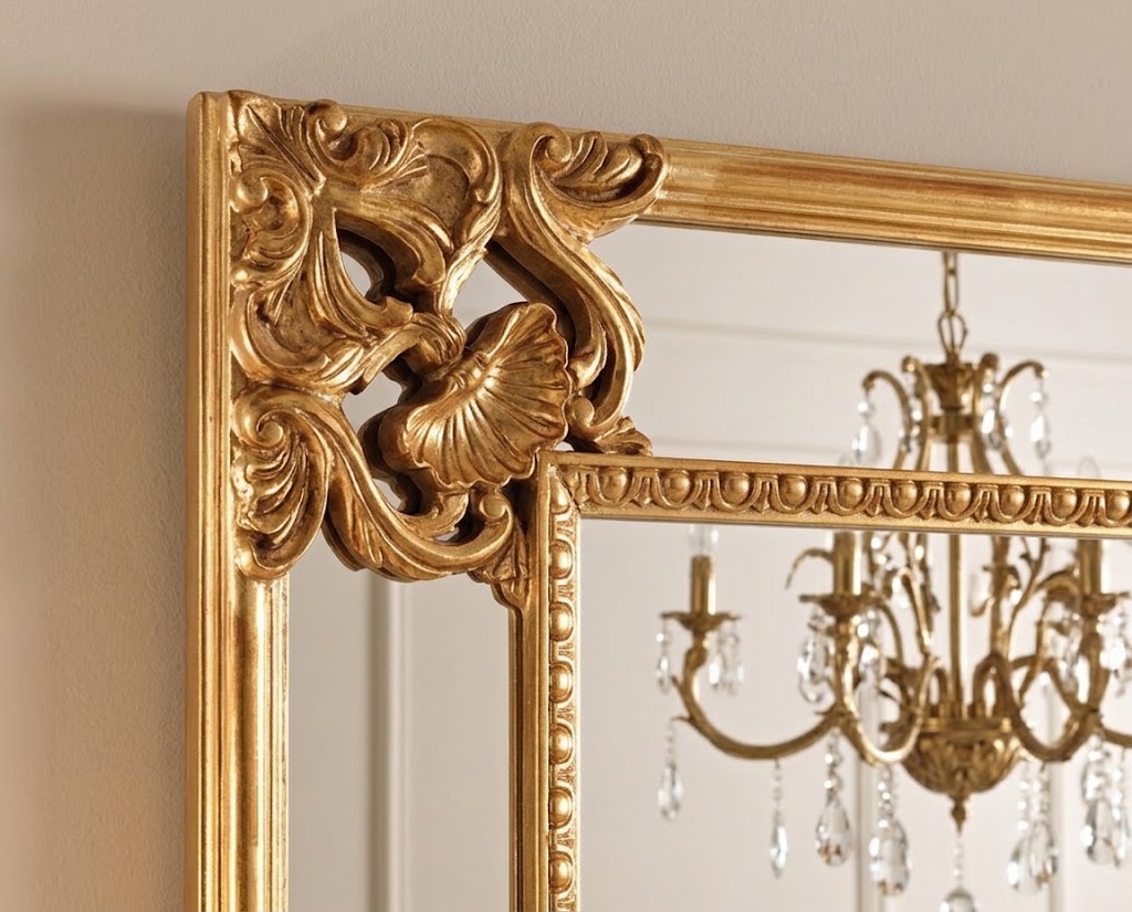 An ornate gold-framed wall mirror with intricate carved floral and scroll details, shown reflecting a matching gold chandelier against a neutral beige wall.