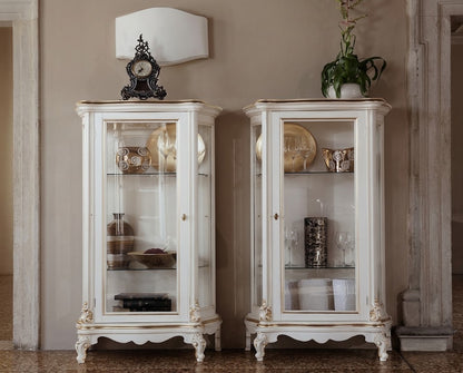 Custom Made Victorian display cabinet with front glass and side glass, with glass shelves, finished in off-white and gold details.