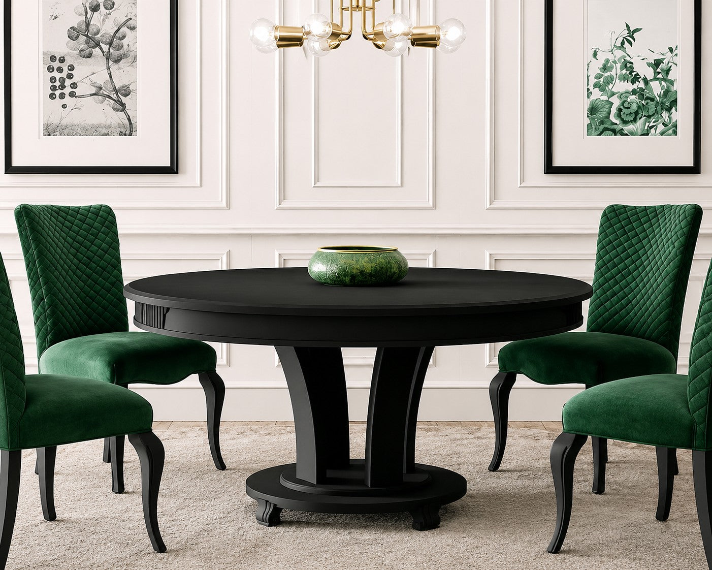A round black dining table with four green upholstered chairs in a styled dining room setting with white paneled walls and framed art.