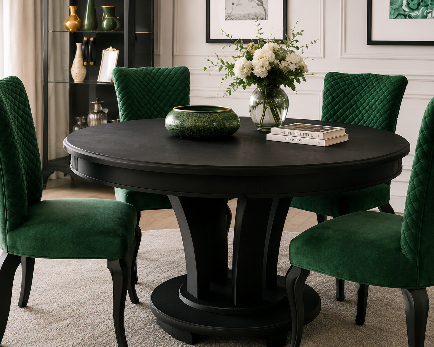 A round black dining table with four green upholstered chairs in a styled dining room. A glass vase with white flowers, a green bowl, and a stack of books sit on the table.
