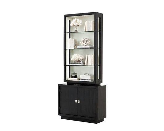 Black display cabinet with glass shelves on a white background