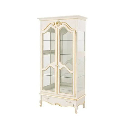 White glass-fronted cabinet on a white background