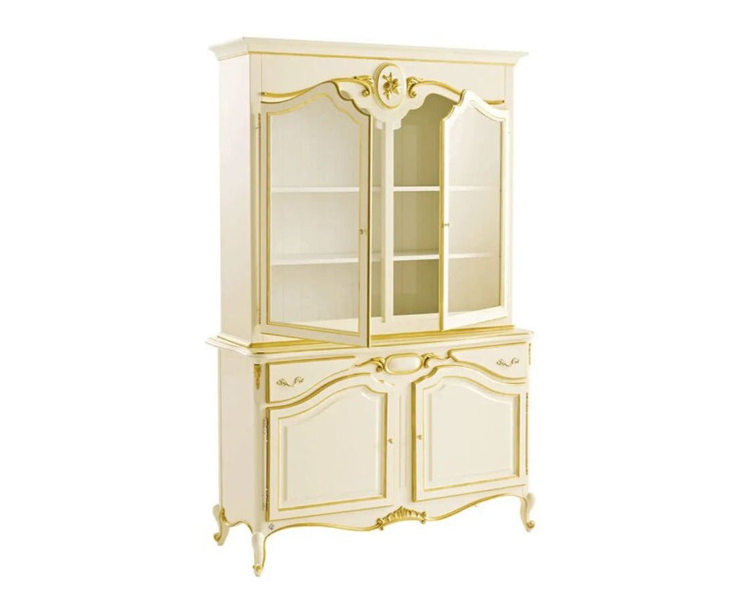 Decorative cabinet with gold accents on a white background