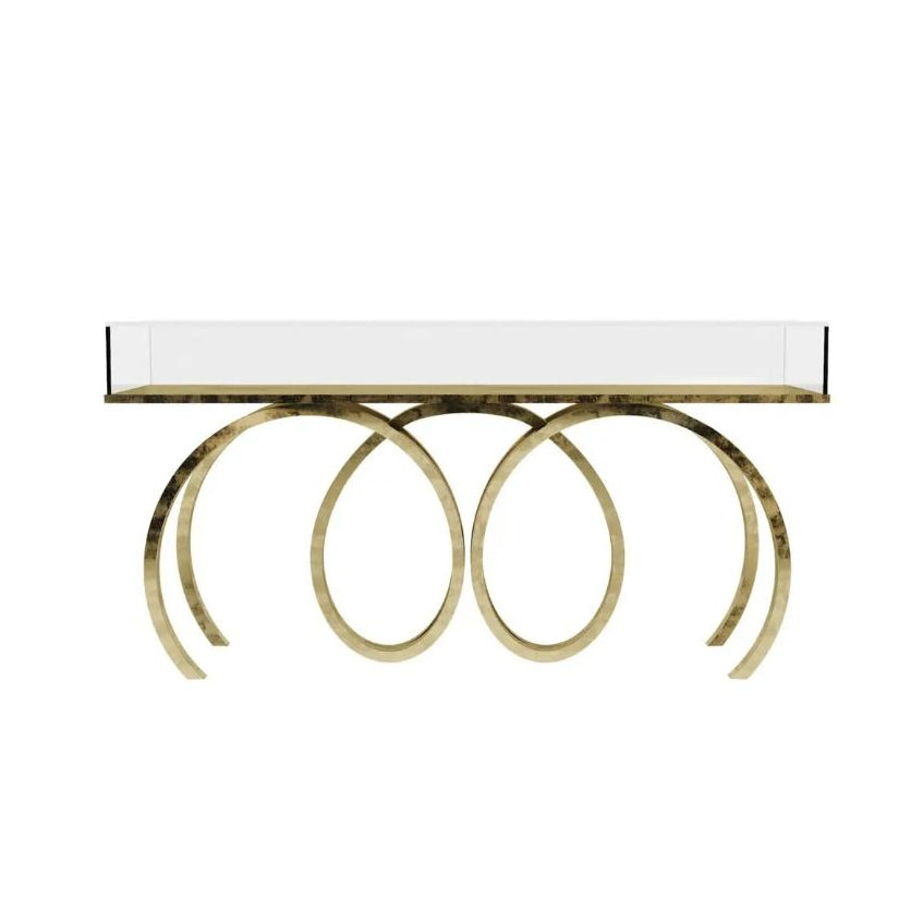 Console table with gold circular legs and white top on a white background