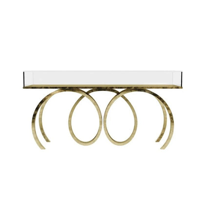 Console table with gold circular legs and white top on a white background