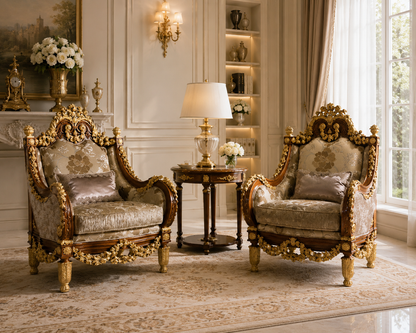 Two ornate baroque-style armchairs with carved gold frames and damask-patterned upholstery, arranged in a luxurious classical room with a side table and lamp between them.