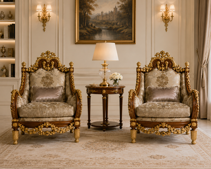 Two ornate vintage-style armchairs with carved gold frames and beige damask upholstery, flanking a small wooden side table in a classic decorated room.