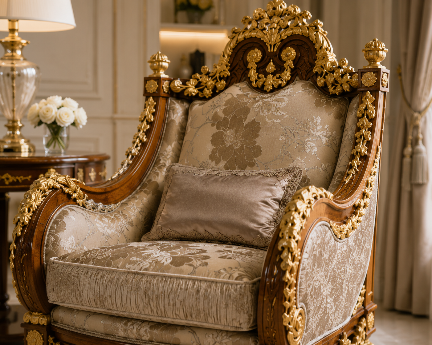 An ornate baroque-style armchair with carved dark wood and extensive gold gilding, upholstered in beige damask fabric with a matching lumbar pillow, set in a luxurious room.