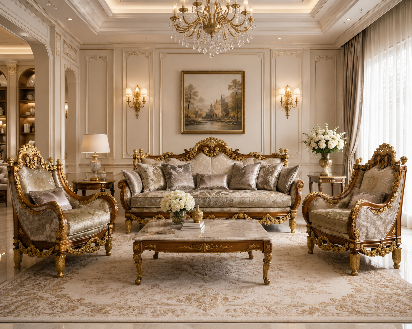 An ornate luxury living room featuring a matching gold and beige sofa, two matching armchairs, a carved wooden coffee table, and a large patterned area rug. The room is decorated with gold sconces, a crystal chandelier, and a classic landscape painting on the wall.