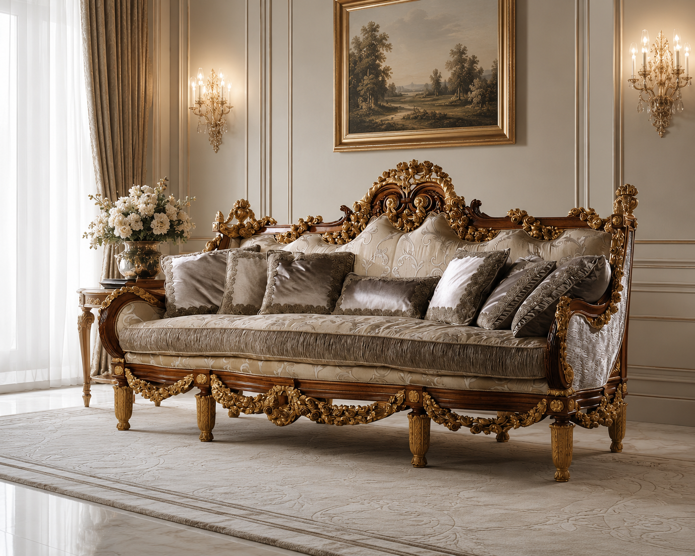An ornate vintage-style daybed with a carved gold frame and plush gray velvet cushions, styled in a luxurious classical room with wall sconces and a painting.
