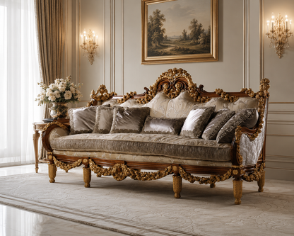 An ornate vintage-style daybed with a carved gold frame and plush gray velvet cushions, styled in a luxurious classical room with wall sconces and a painting.