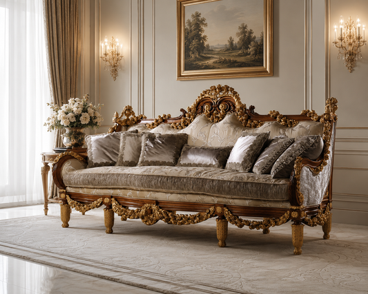 An ornate vintage-style daybed with a carved gold frame and plush gray velvet cushions, styled in a luxurious classical room with wall sconces and a painting.