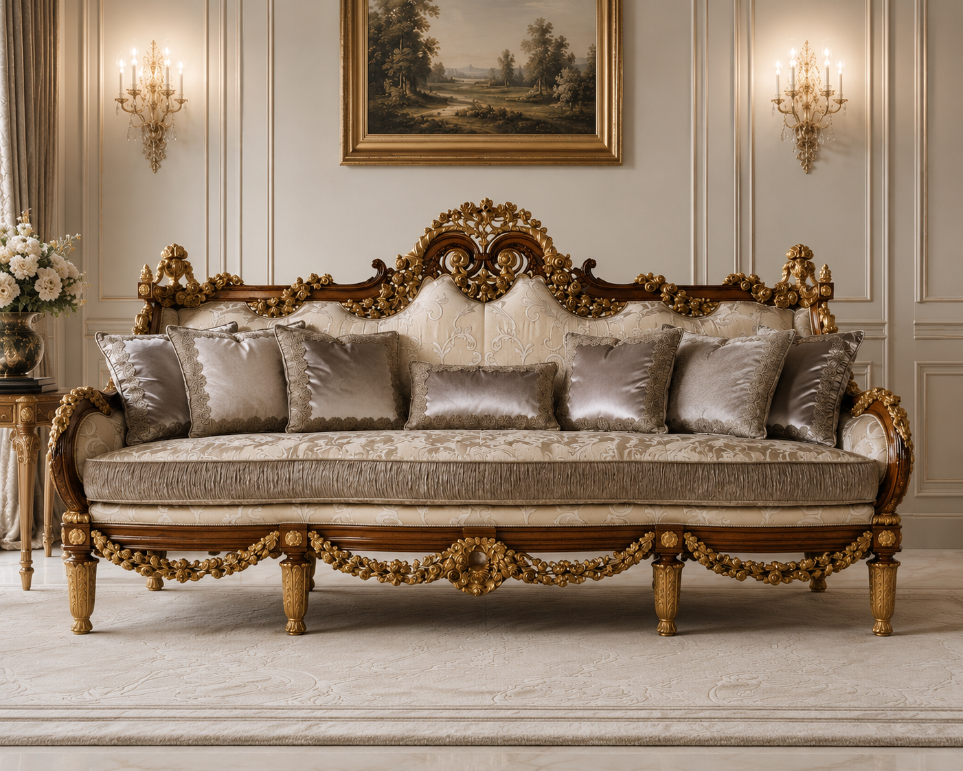 An ornate baroque-style sofa with carved gold wood frames and plush taupe velvet cushions, set in a classic European-style room with wall sconces and a framed landscape painting.