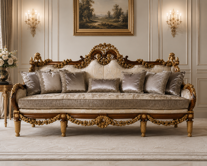 An ornate baroque-style sofa with carved gold wood frames and plush taupe velvet cushions, set in a classic European-style room with wall sconces and a framed landscape painting.