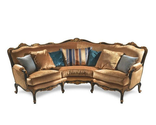 Decorative brown sectional sofa with patterned cushions on a white background