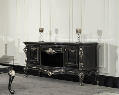 Elegant black baroque-style TV console with intricate carved details and a sleek lacquer finish, featuring shelvings and a frame in a luxurious living room setting.
