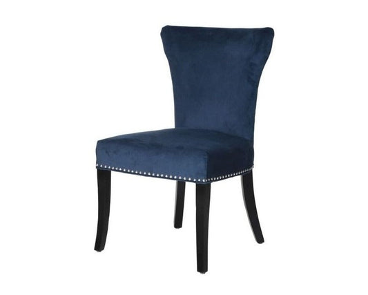 Blue upholstered chair with black legs on a white background
