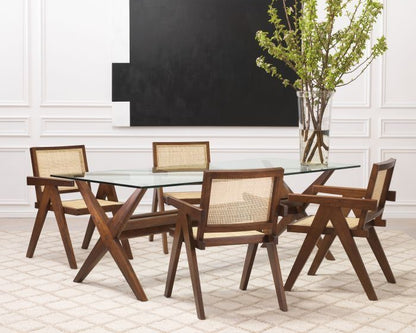 Mahogany Wood with Rattan Backrest Dining Chairs , paired with Mahogany Wood Dining Table and Tempered Glass top