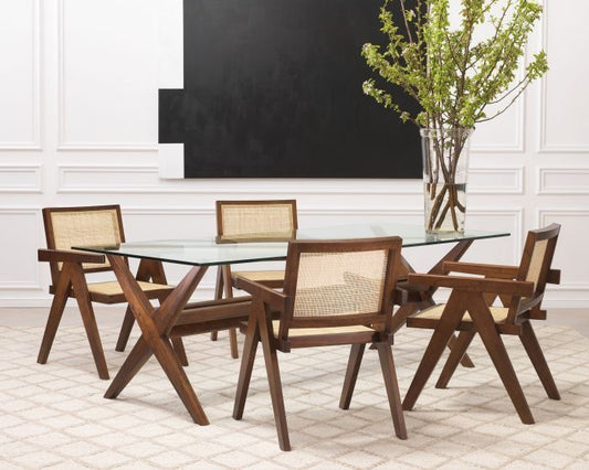 Mahogany Wood with Rattan Backrest Dining Chairs , paired with Mahogany Wood Dining Table and Tempered Glass top