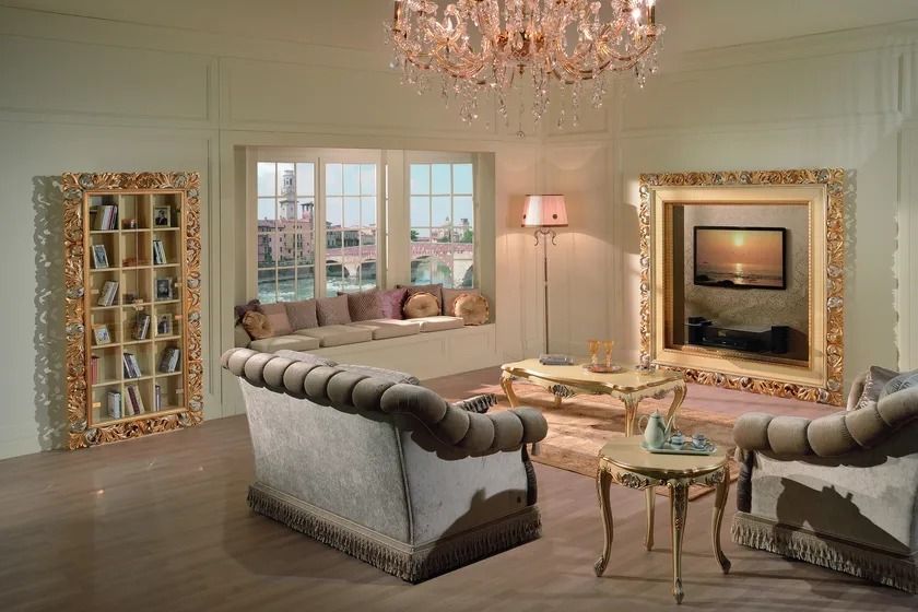 Luxurious living room with ornate furniture and decorative elements.
