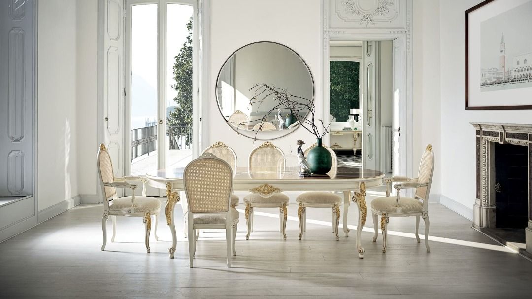 Victorian rattan dining chair and table finished in white and gold accents, using mahogany wood