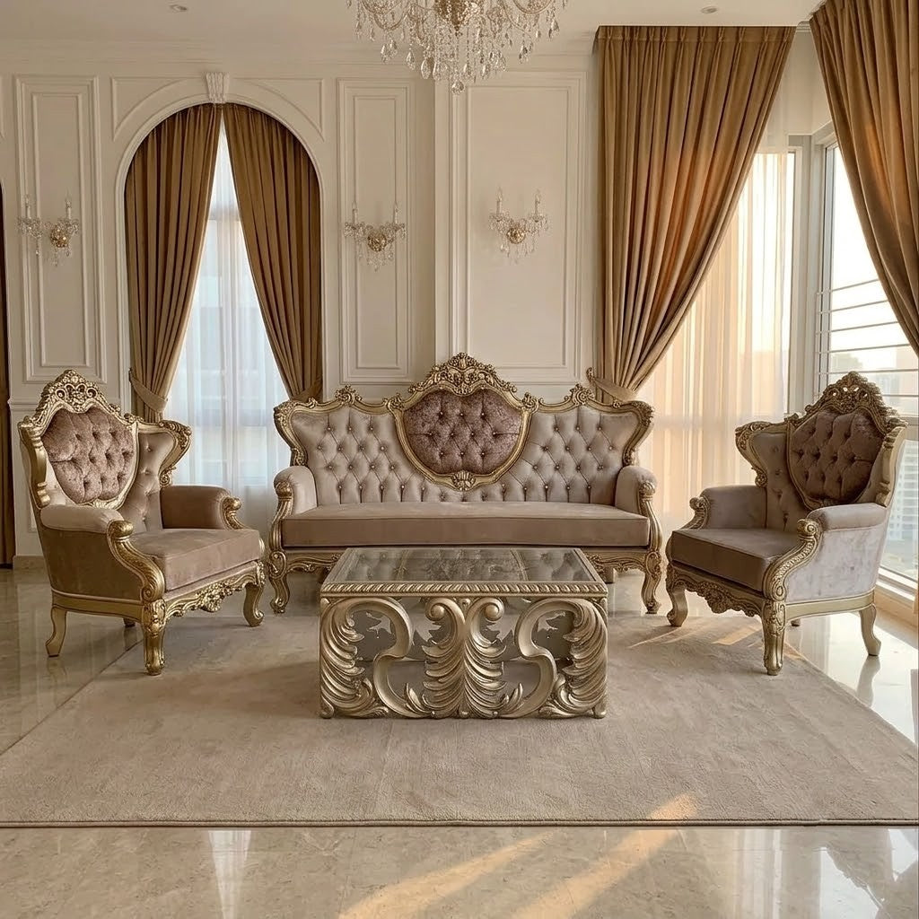 An ornate luxury living room set featuring a baroque-style sofa, two matching armchairs, and a carved coffee table, all upholstered in beige fabric with gold and silver accents, set against a white paneled wall with brown drapes.