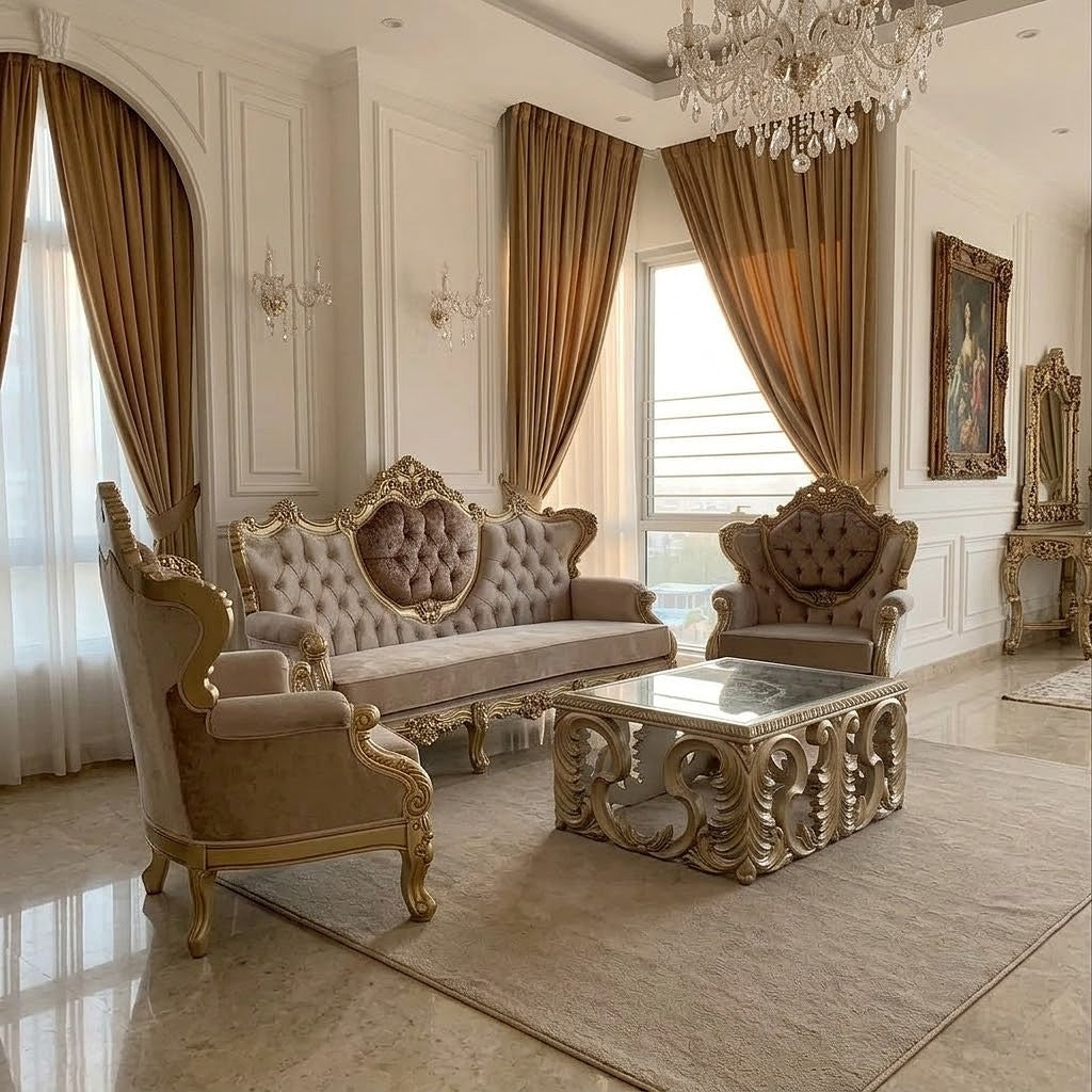 An ornate luxury living room featuring a matching beige tufted sofa, two matching armchairs with carved gold frames, and a matching carved coffee table, all arranged on a large beige rug in a grand room with gold drapes and a crystal chandelier.