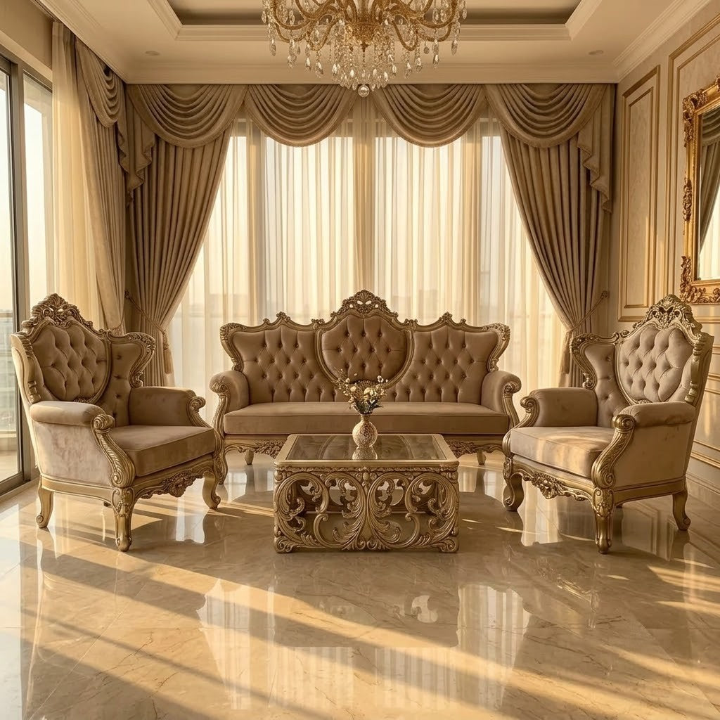 An ornate luxury living room set featuring a carved cream and gold sofa, two matching armchairs, and a matching carved coffee table, set against a background of draped beige curtains and a crystal chandelier.