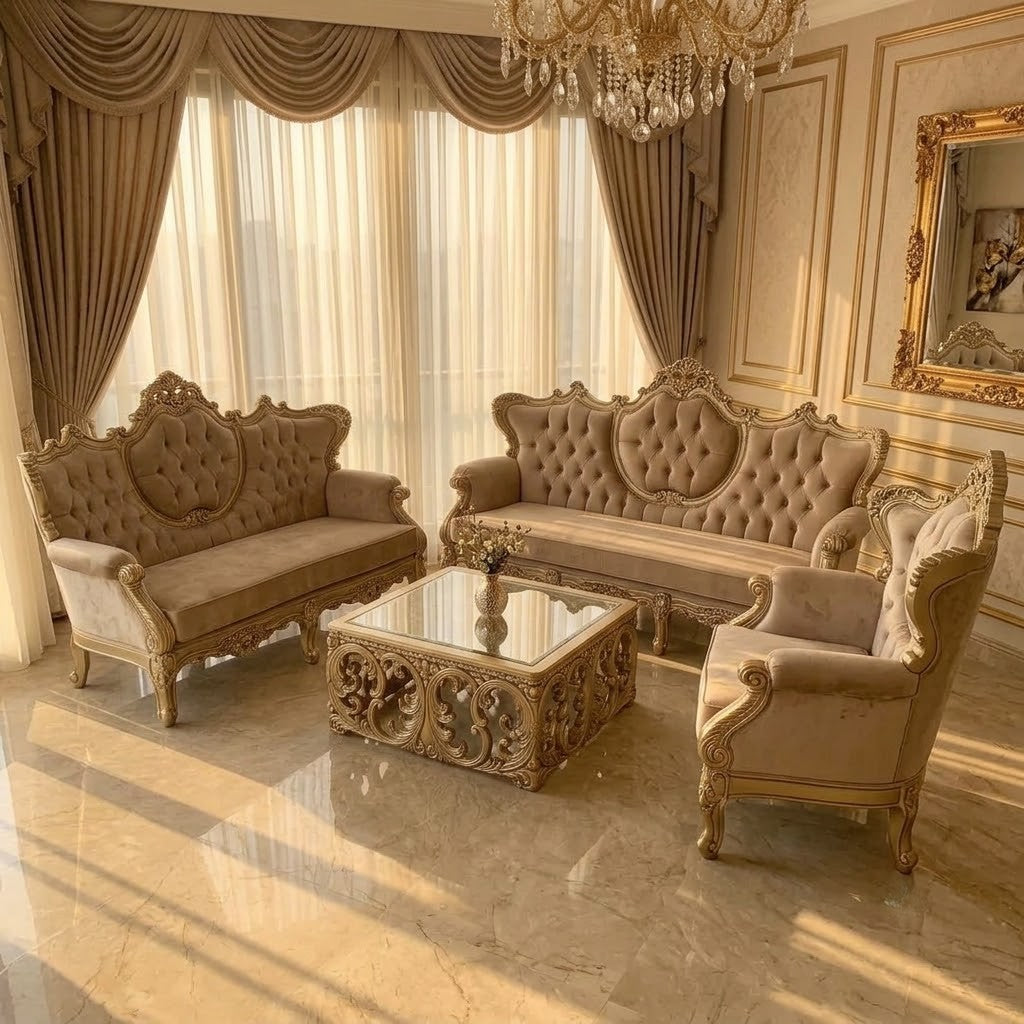 An ornate luxury living room furniture set featuring a tufted beige sofa, matching armchair, and carved gold-toned coffee table, set against a backdrop of draped curtains and a crystal chandelier.