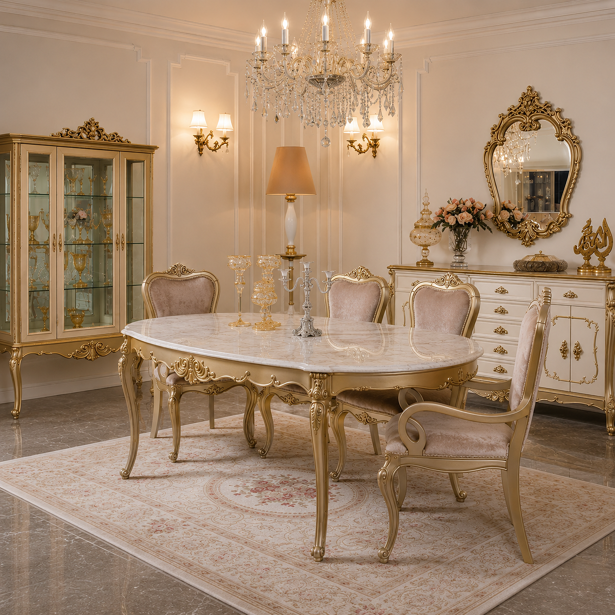 An ornate dining room set featuring a marble-top oval table with carved gold-finished legs and four matching upholstered chairs, shown in a luxurious cream-colored room with a crystal chandelier, mirror, and cabinet.