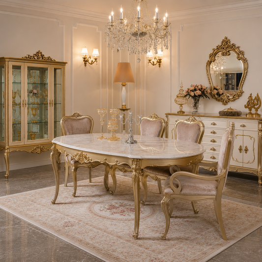 An ornate dining room set featuring a marble-top oval table with carved gold-finished legs and four matching upholstered chairs, shown in a luxurious cream-colored room with a crystal chandelier, mirror, and cabinet.