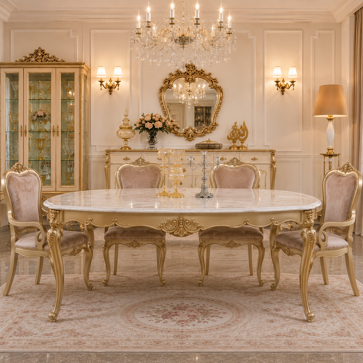 An elegant dining room set featuring a round white marble-top dining table with ornate gold cabriole legs, surrounded by six matching upholstered chairs with gold frames. The set is staged in a luxurious, classical-style room with a crystal chandelier, gold mirror, and glass cabinet.