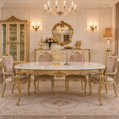 An elegant dining room set featuring a round white marble-top dining table with ornate gold cabriole legs, surrounded by six matching upholstered chairs with gold frames. The set is staged in a luxurious, classical-style room with a crystal chandelier, gold mirror, and glass cabinet.