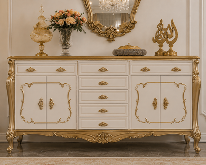 An ornate white and gold sideboard cabinet with carved details, multiple drawers, and two cabinet doors, styled in a luxurious room setting with a mirror, flowers, and decorative objects.