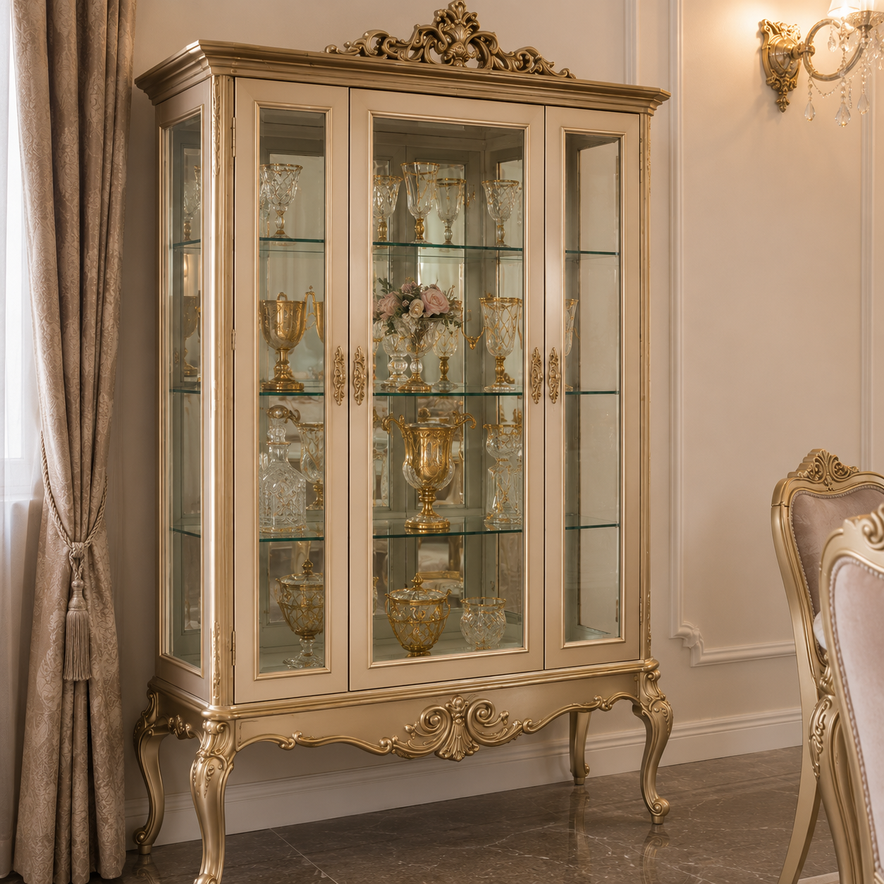 An ornate cream and gold glass-front display cabinet with carved details, shown in a styled room setting with curtains, a wall sconce, and part of a matching chair.