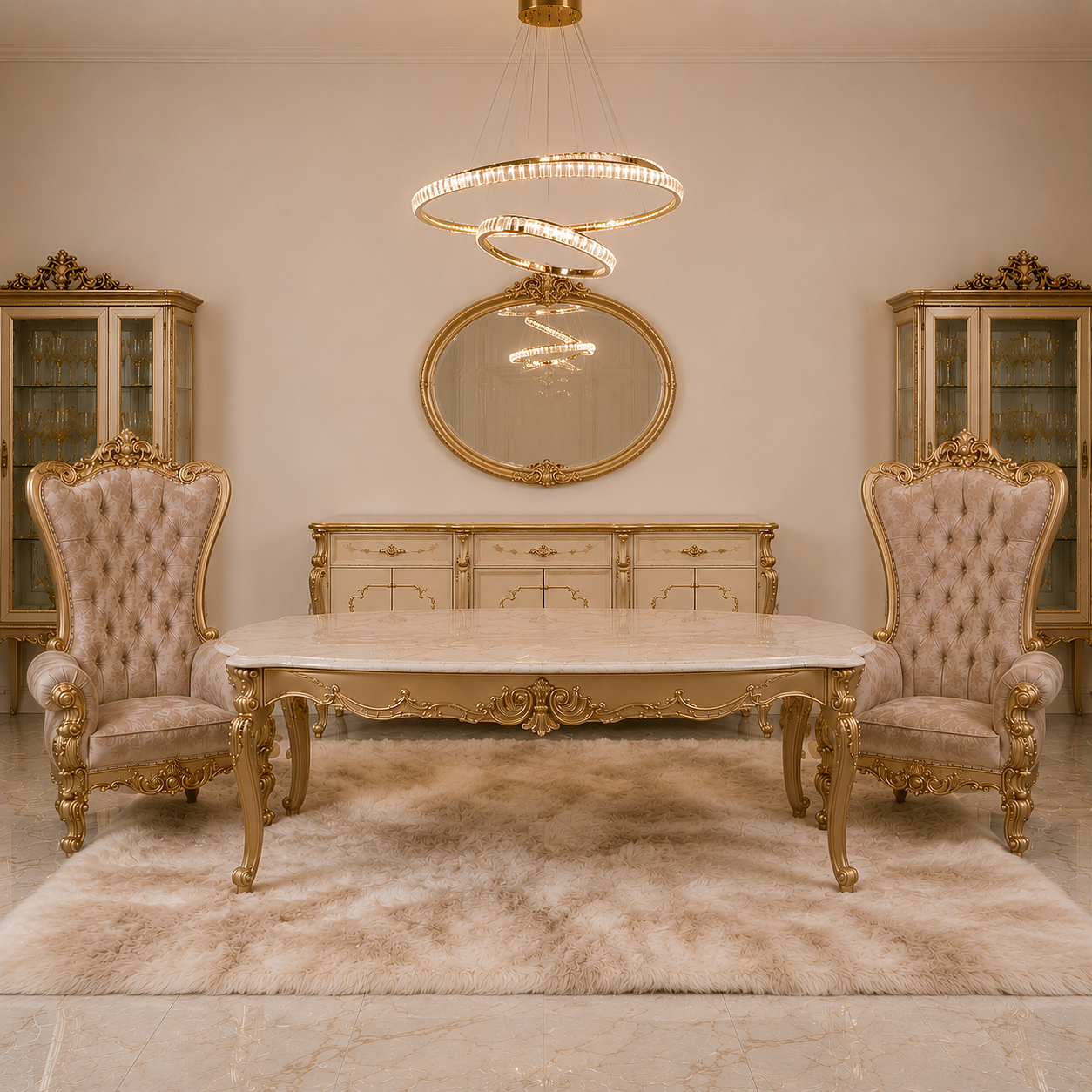 An ornate luxury dining room setup featuring a rectangular marble-top table with carved gold legs, flanked by two matching tufted wingback chairs, set on a plush cream rug. The background includes a gold-framed mirror, a cream sideboard, and matching glass-front cabinets under a crystal chandelier.